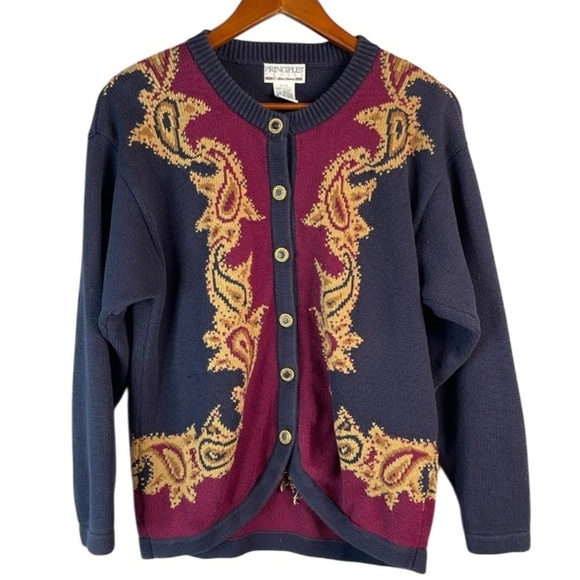 Vintage 90’s Principles Petite Collection Cardigan Navy Taupe Burgundy Paisley M - Picture 2 of 11